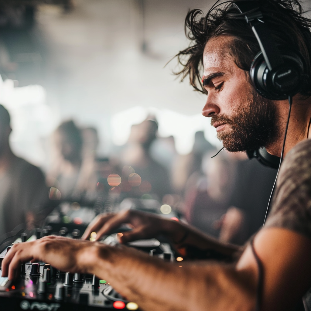 DJ and producer working at a mixing console
